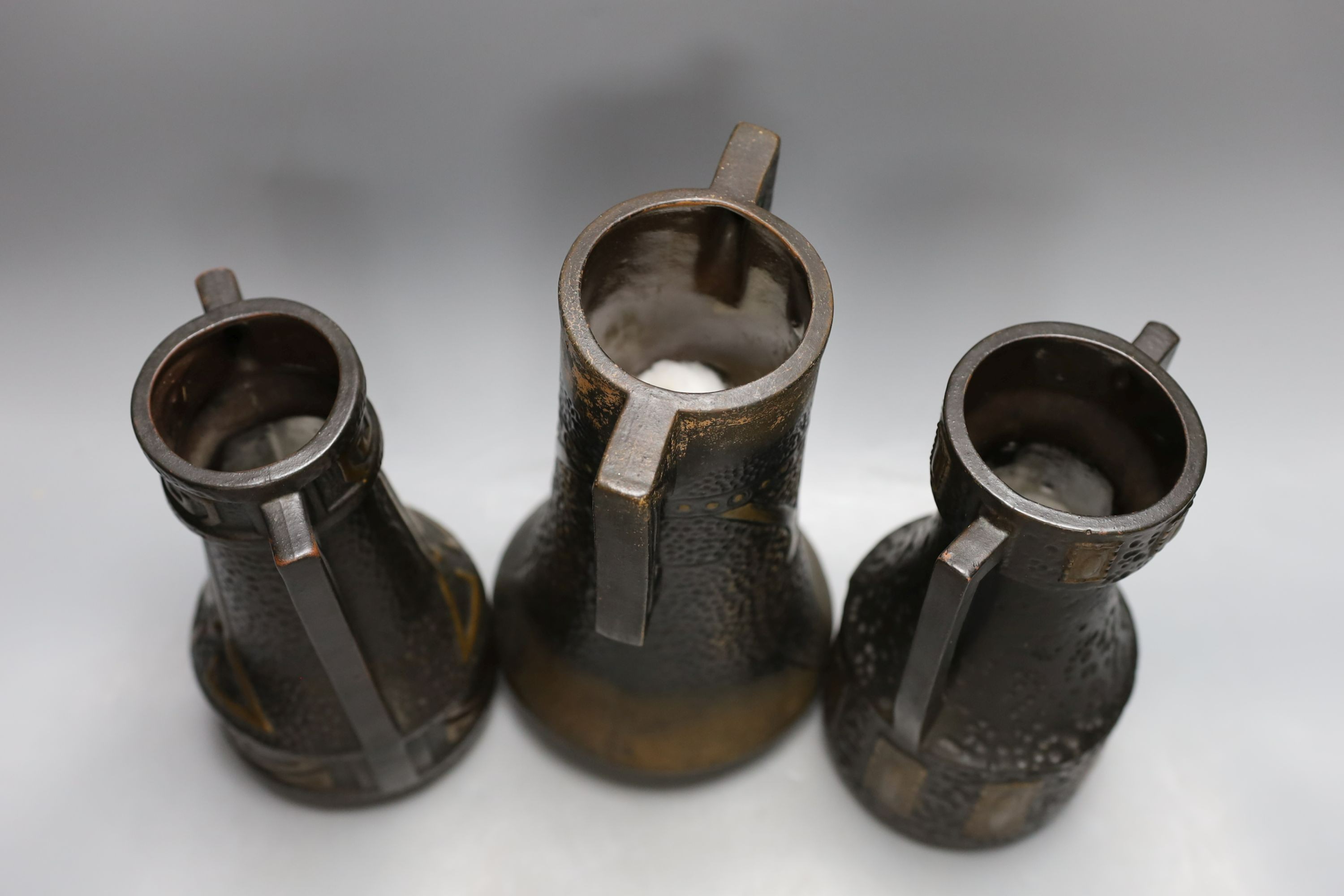 Three Bretby Arts and Crafts style pottery vases - tallest 26cm